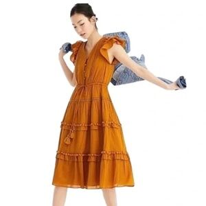 Point Sur for J. Crew Pom-Pom Flutter Sleeve Cotton Midi Dress in Caramel Size 2